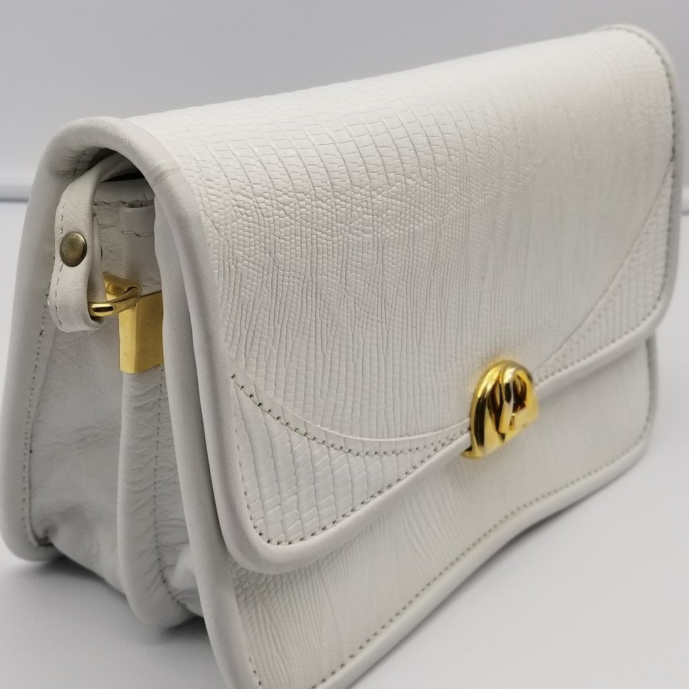 White Croc Embossed Leather Shoulder Bag